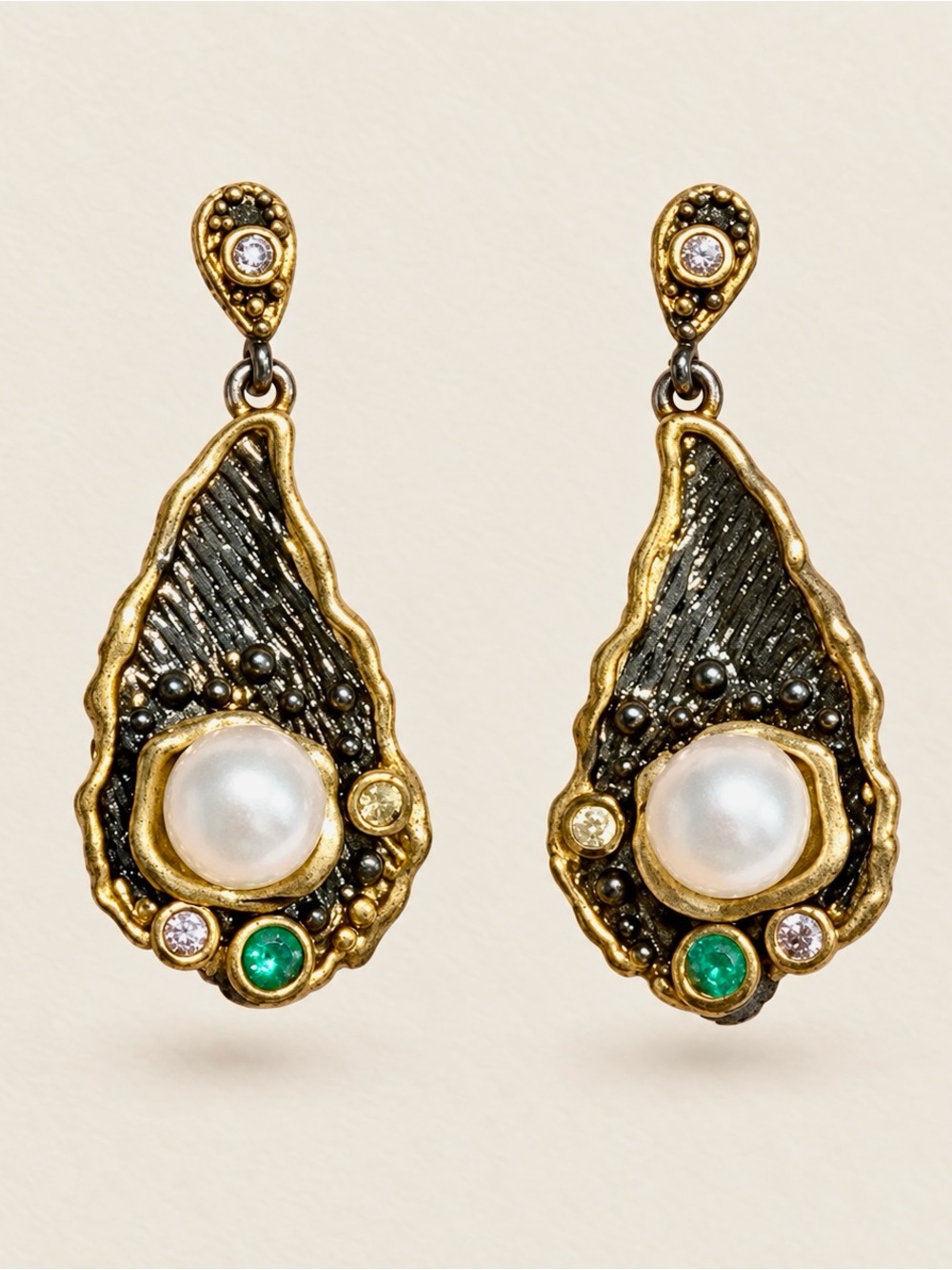 Gold-Tone faux Pearl & Emerald color Drop Earrings